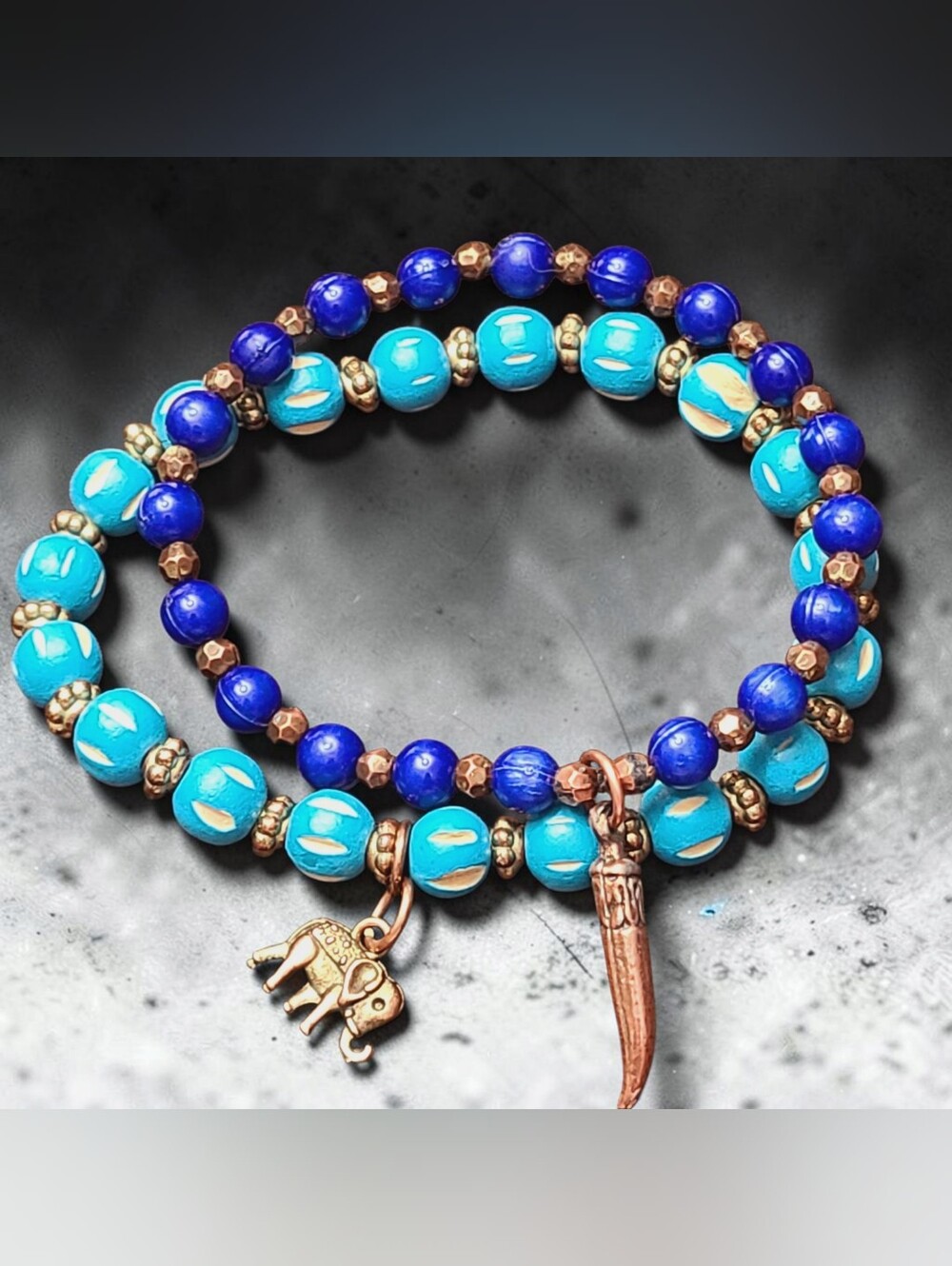 Turquoise & Cobalt Beaded Elephant Charm Wrap Bracelet